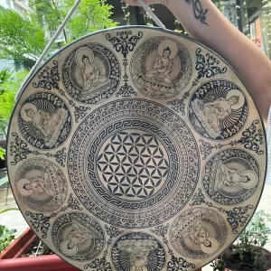 chakra healing gong with flower of life & buddha engravings handmade artistry