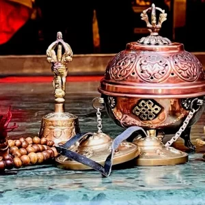 sacred buddhist ritual set bell, tingsha, bajra, mala, incense burner for meditation & prayer