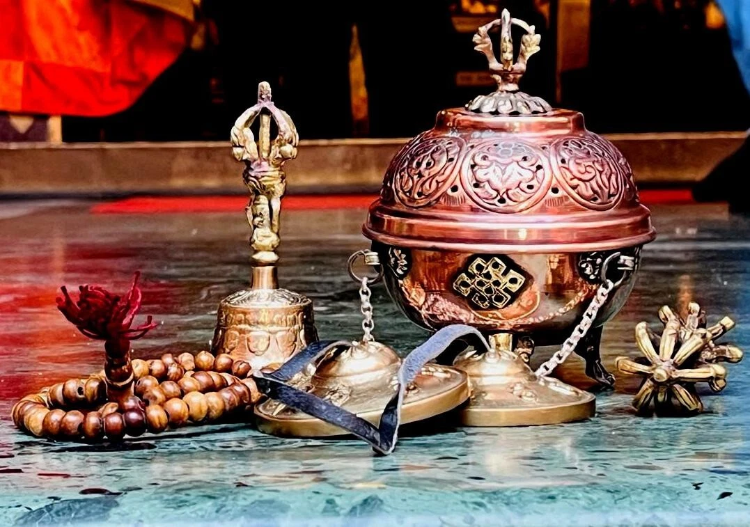 sacred buddhist ritual set bell, tingsha, bajra, mala, incense burner for meditation & prayer sacred buddhist ritual set bell, tingsha, bajra, mala, incense burner for meditation & prayer